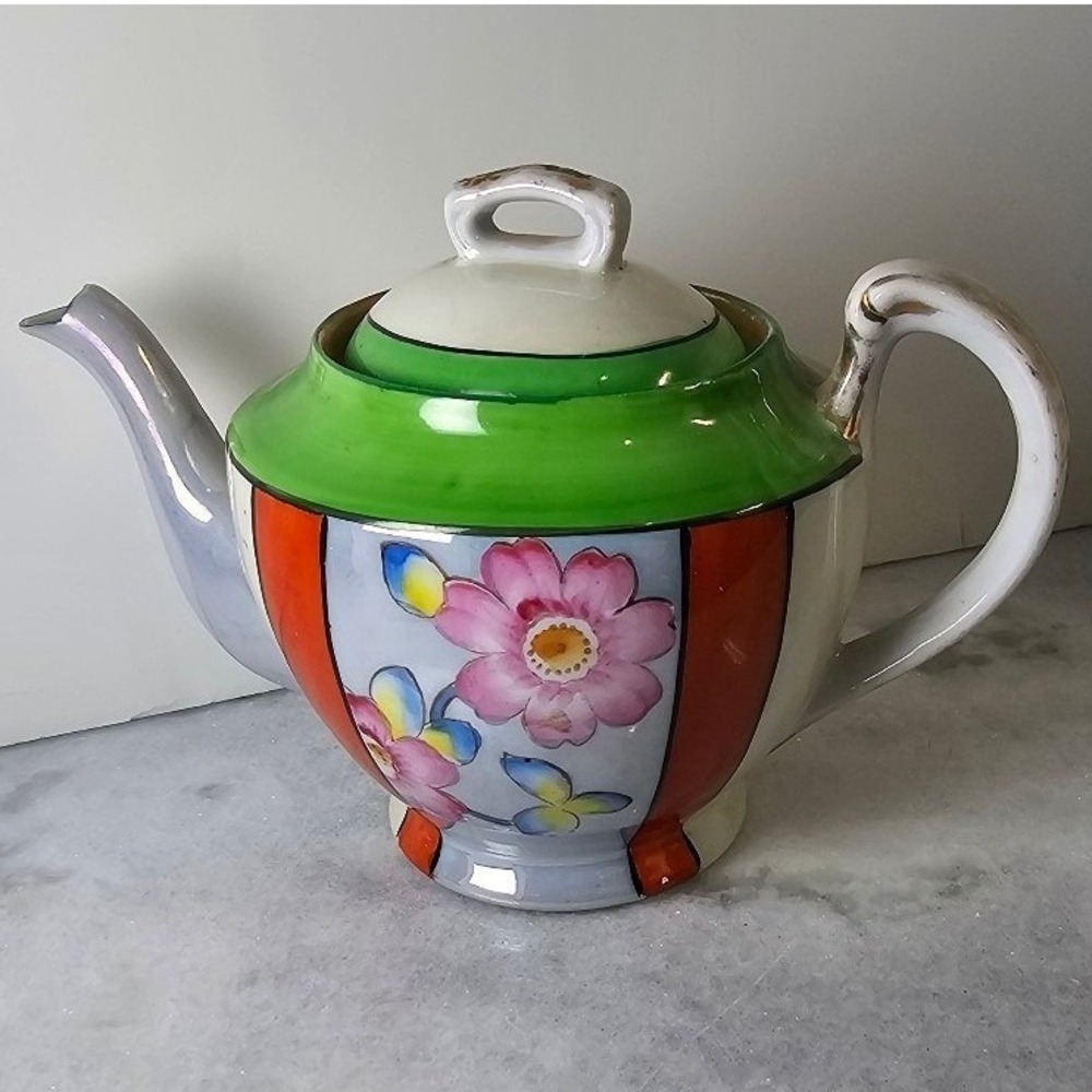 Trico Nagoya Japan Lusterware Teapot 1930s Vintage Floral Gold Trim Art Deco